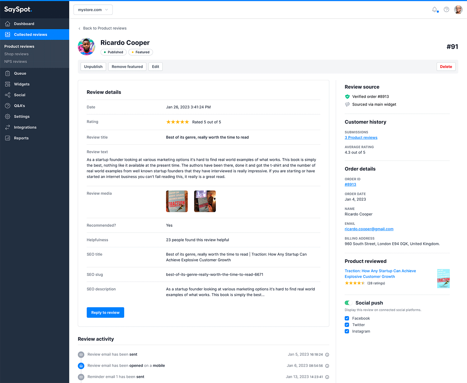 SaySpot Collected Reviews Screenshot